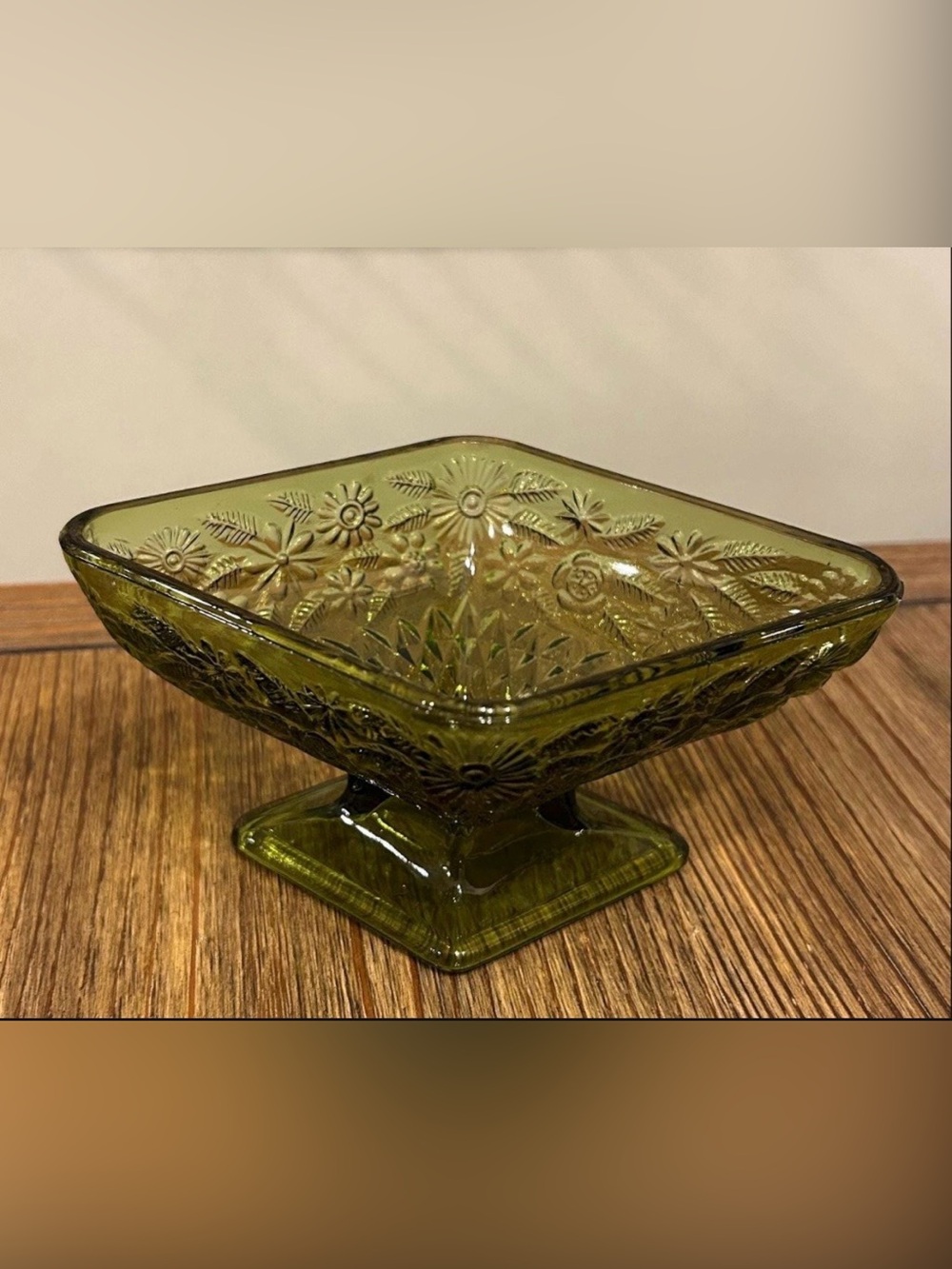 Olive Green Embossed Indiana Glass Pedestal Candy Dish